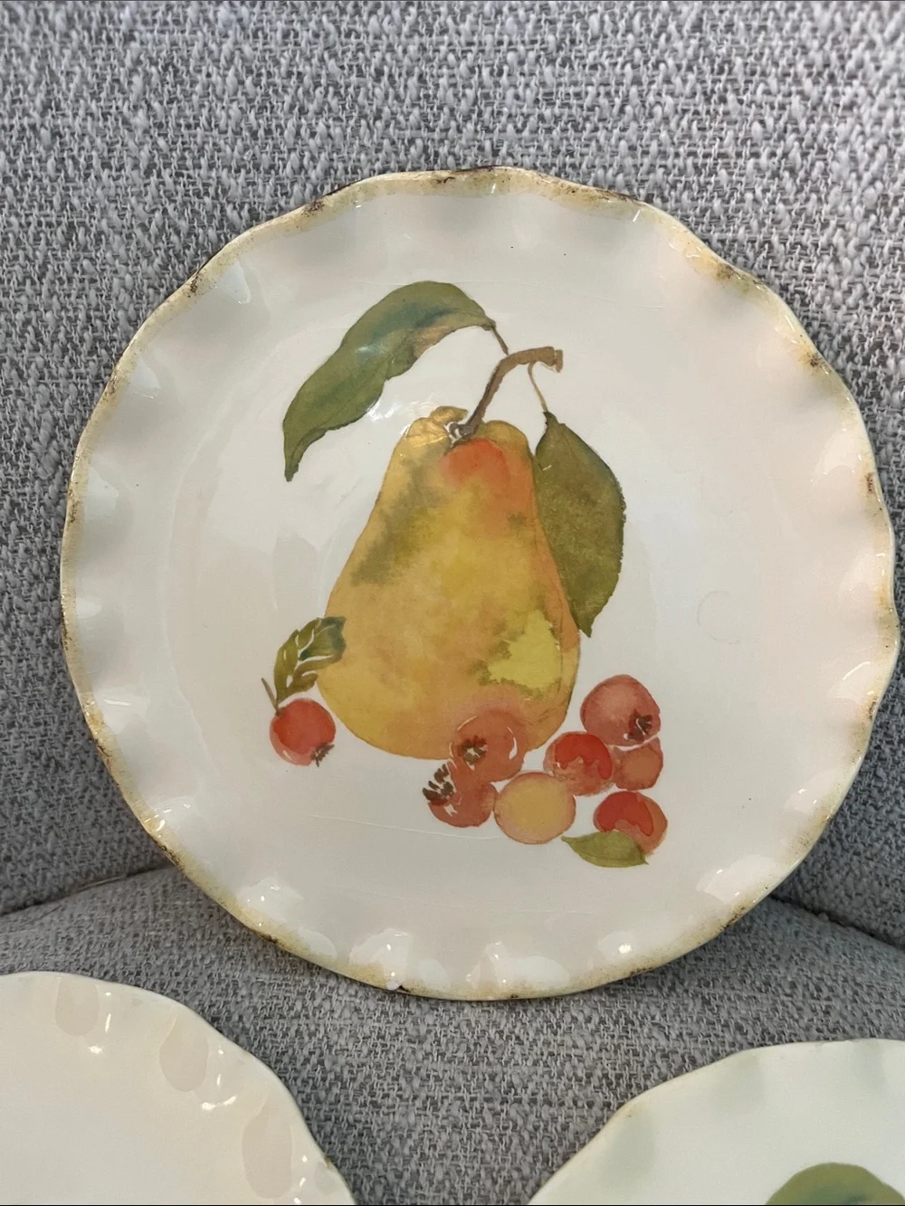 3 Crate & Barrel Harvest Fruit 7.5” salad plates yellow pear berries fluted